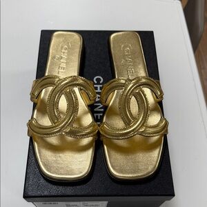 CHANEL Metallic Gold Slide Sandals